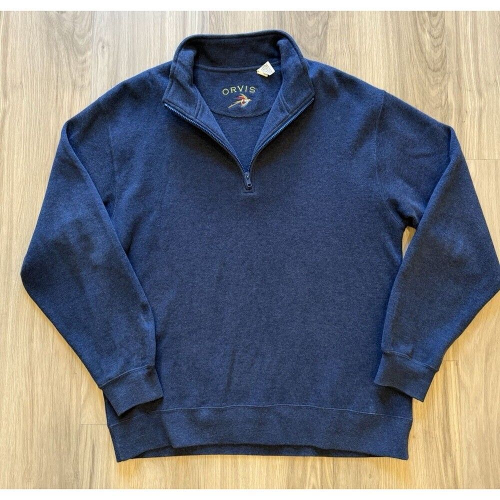 Orvis Men's Large Navy Blue 1/4 Zip 100% Cotton Pullover Sweater EUC Read Desc